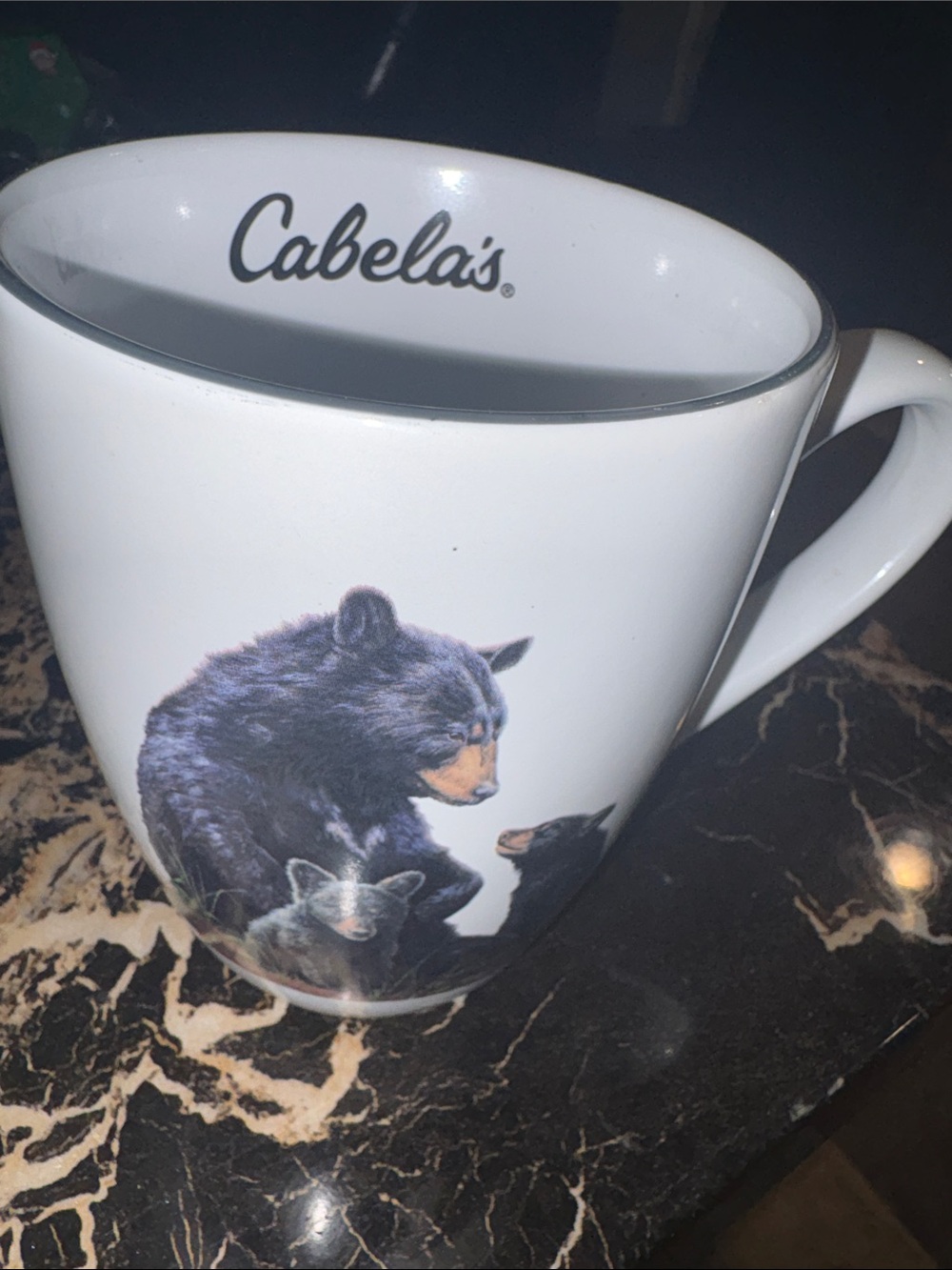 Cabela's White Ceramic Mug with Black Bear Family Artwork